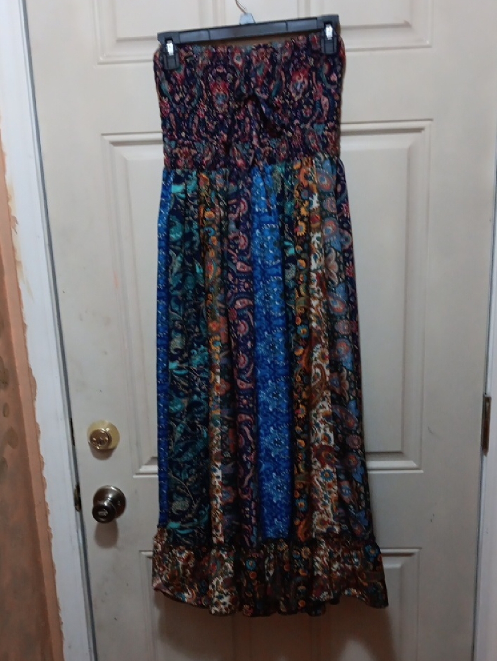 EARTHBOUND Strapless Maxi Dress in Blue and Brown Paisley